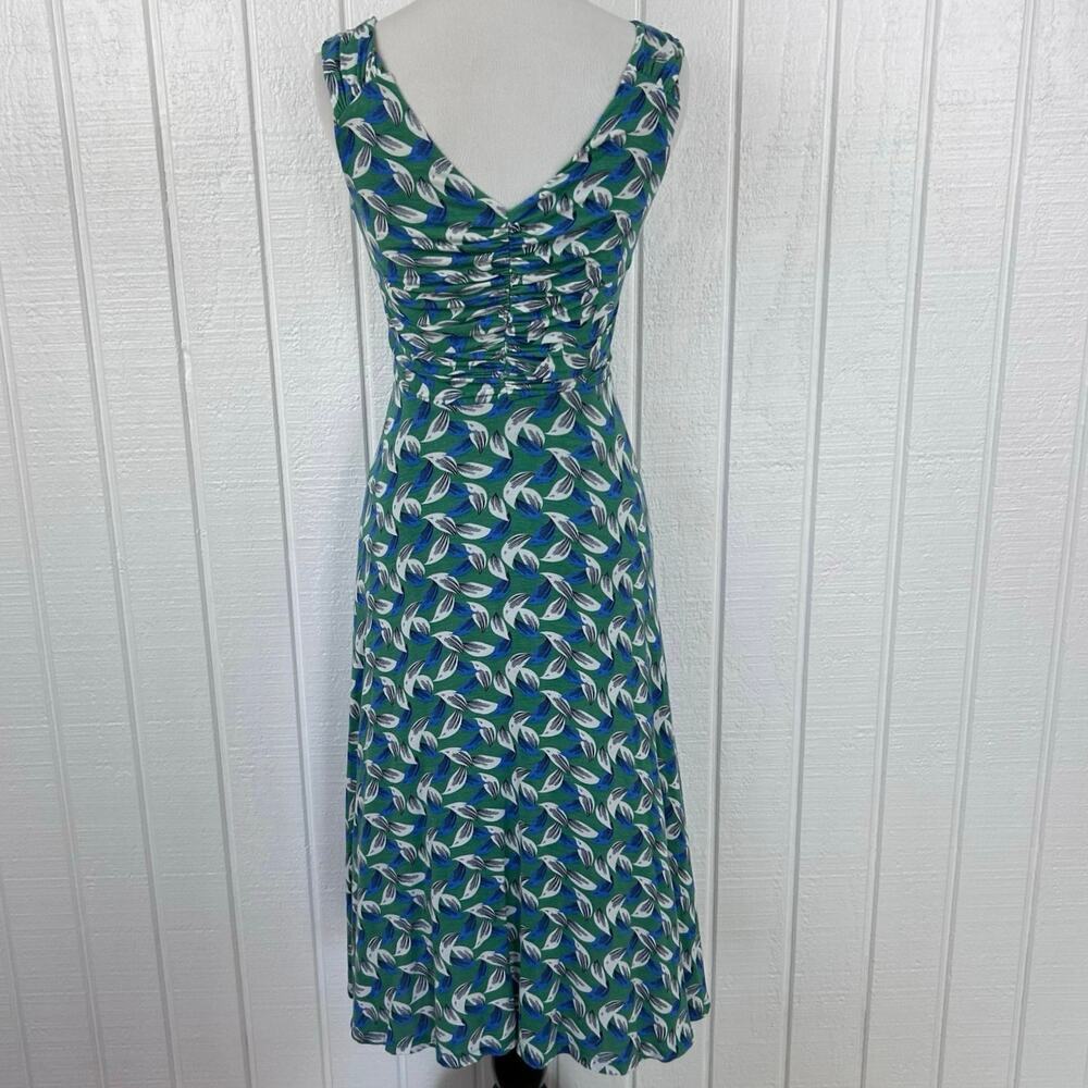 Boden Green Blue Leaf Print Ruched Dress Sleeveless Stretch Midi Workwear Size 2 - Picture 5 of 6